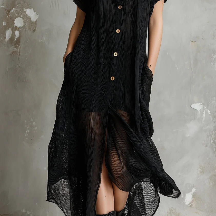 Sheer Plisse Collared Button-Front Short-Sleeve Long Shirt Dress with Asymmetric Hem and Slit