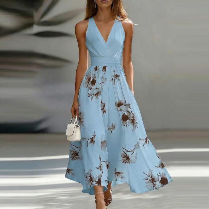 Sexy V-Neck Floral Print Sleeveless Open-Back High-Waist A-Line Maxi Dress