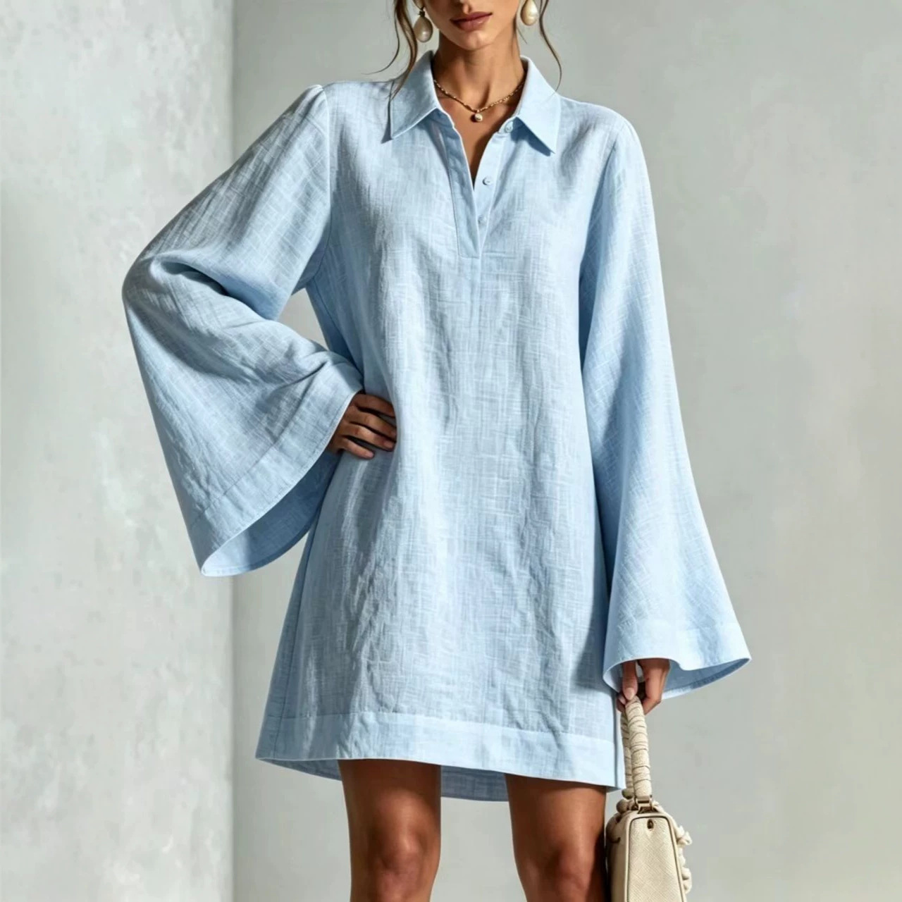 Women's Solid Color Flare Sleeve Dress with Lapel Collar, Loose Casual Midi