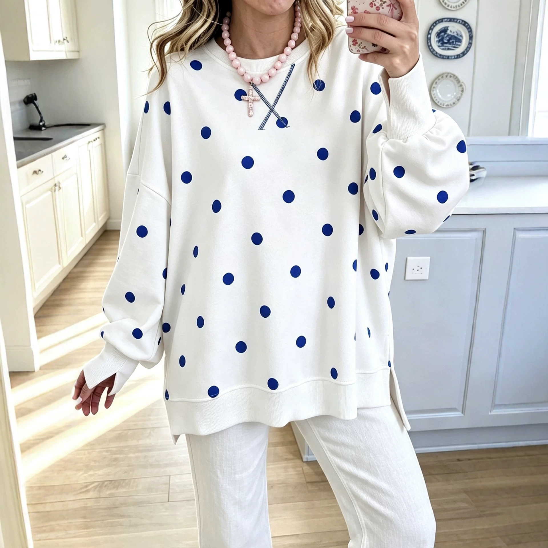 Polka Dot Print Long Sleeve Pullover Sweatshirt Loose Casual Shirt