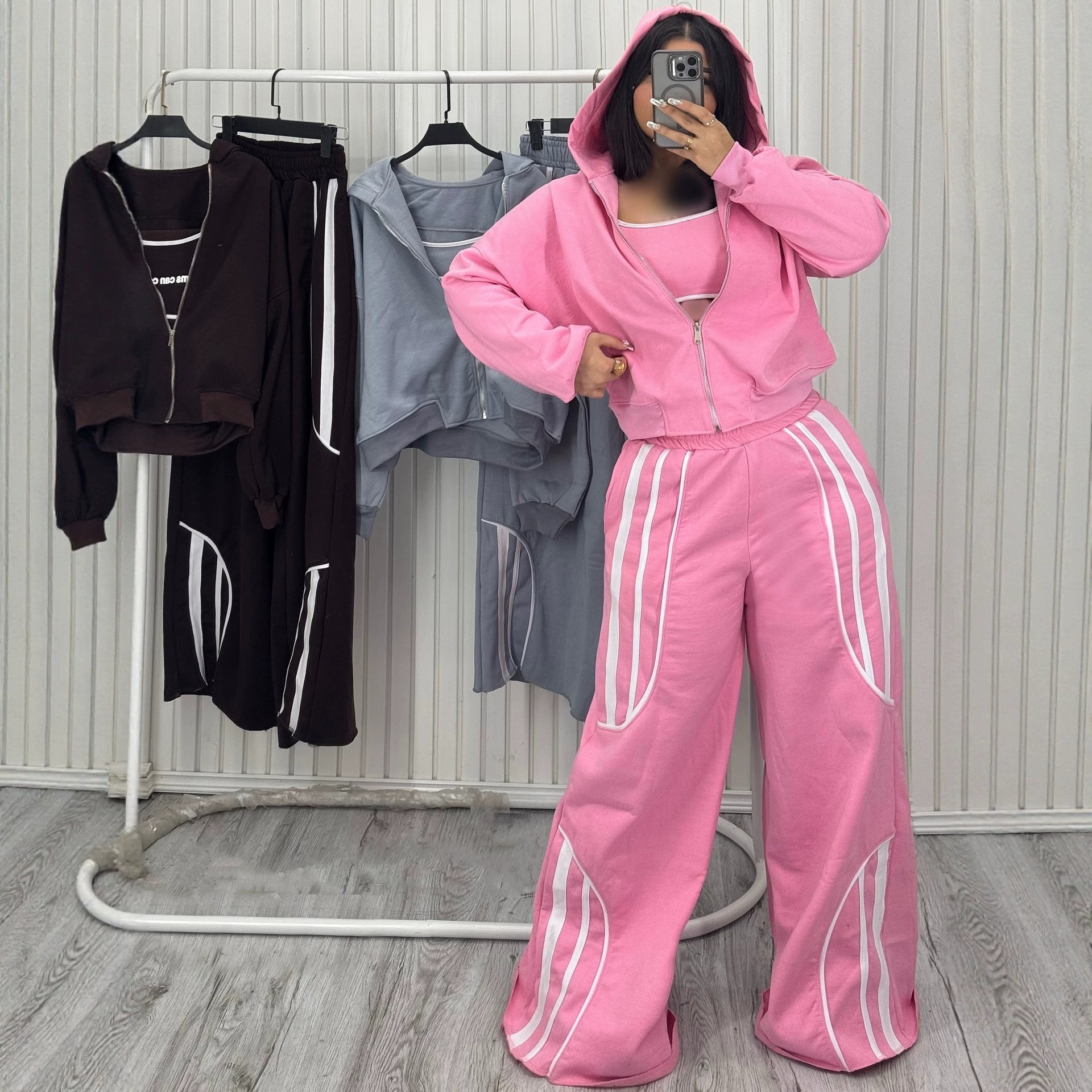 Retro Streetwear Striped Hooded Cardigan and Pants Two-Piece Set