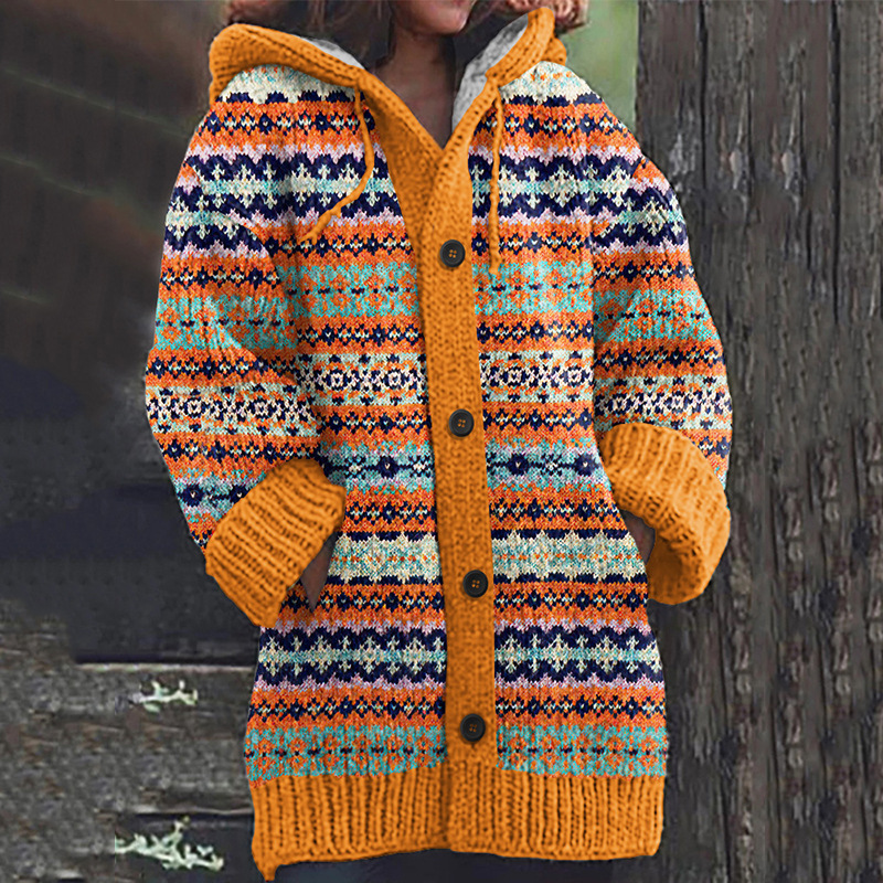 Women's Colorful Animal Print Hooded Button Cardigan Sweater