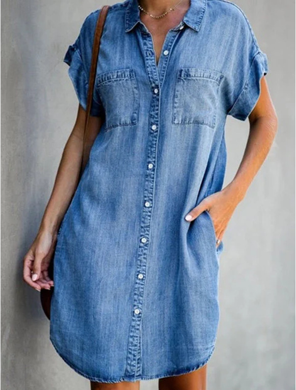 Collared Short Sleeve Slim Fit Denim Shirt Dress for Women