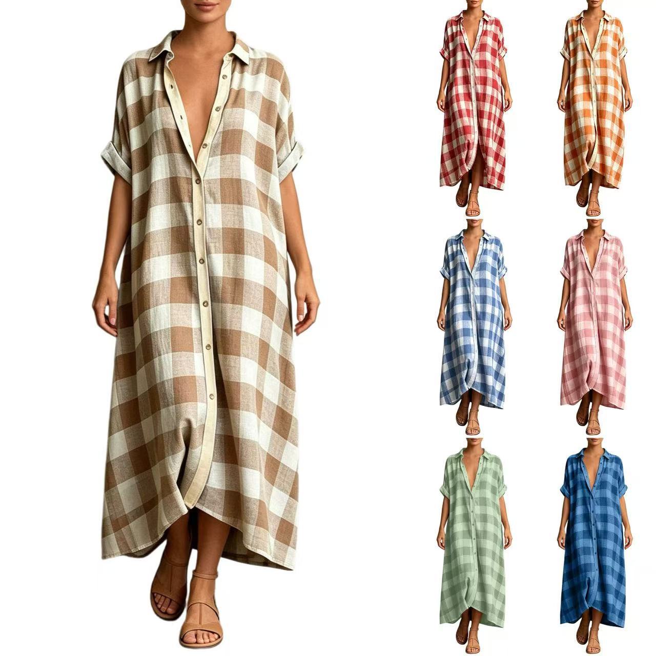 Women's Loose Plaid Shirt Dress Collared Button-Front Short Sleeve Long Vacation Dress