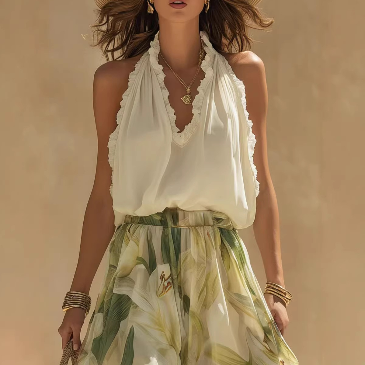 V-Neck Waist-Cinching Ruffle Floral Dress