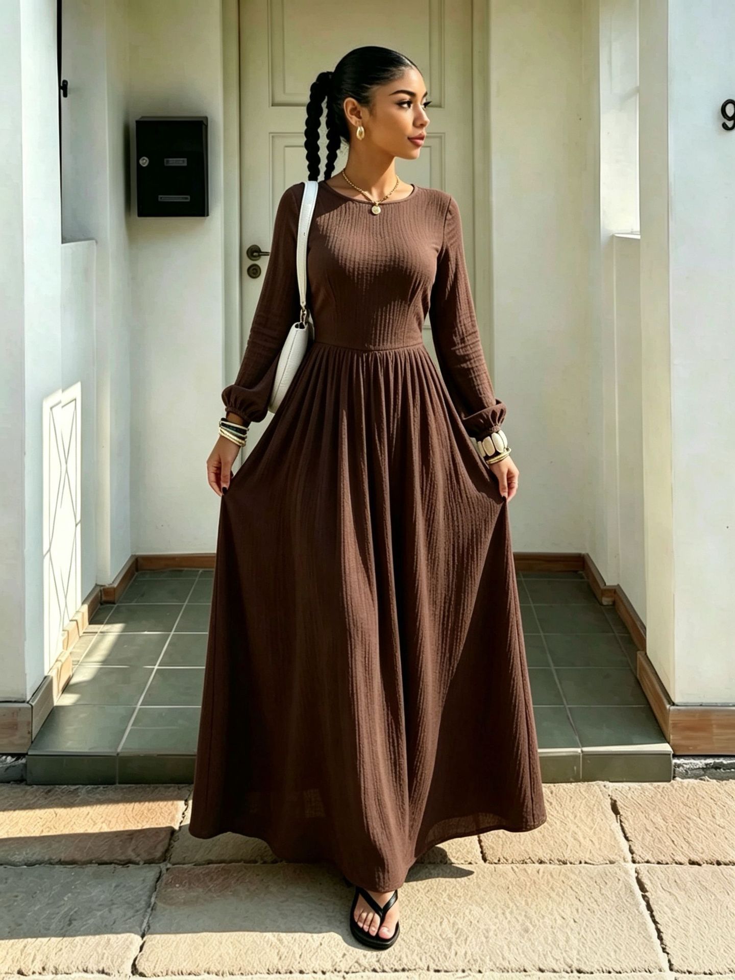 French-Style Fitted A-Line Long-Sleeve Dress with Round Neck and Cinched Waist