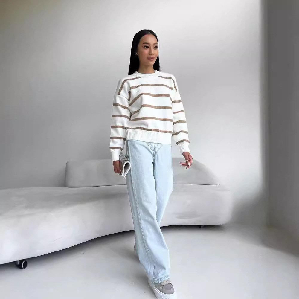 Striped Knit Sweater Crewneck Long Sleeve Colorblock Pullover