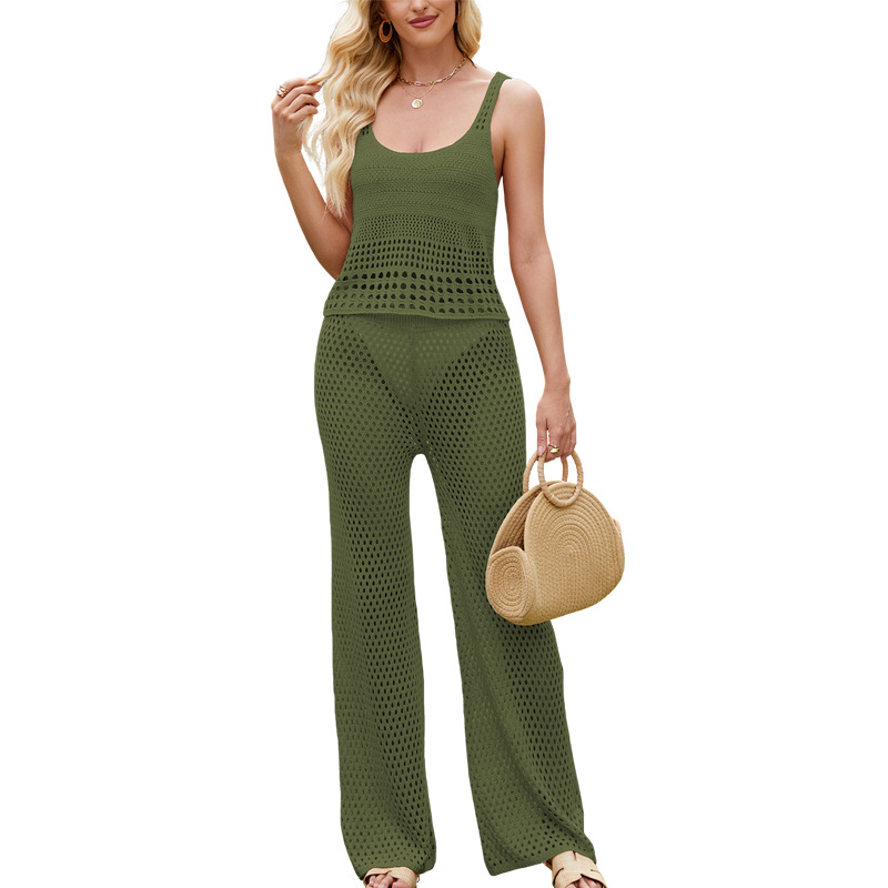Women's Knit Crop Tank Top Set Hollow-Out Sleeveless Beachwear