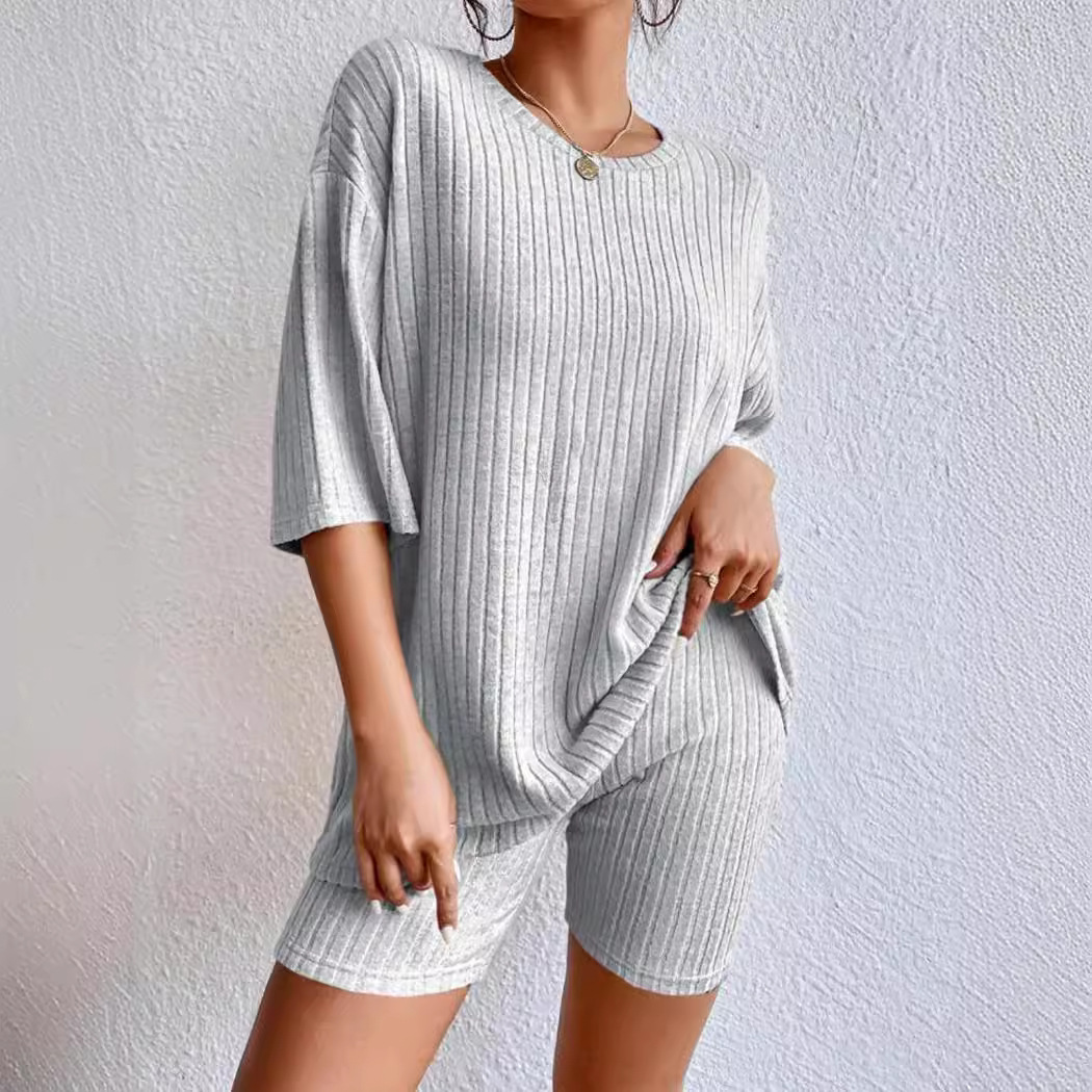 Women's Solid Color Crewneck Loose Shorts Set