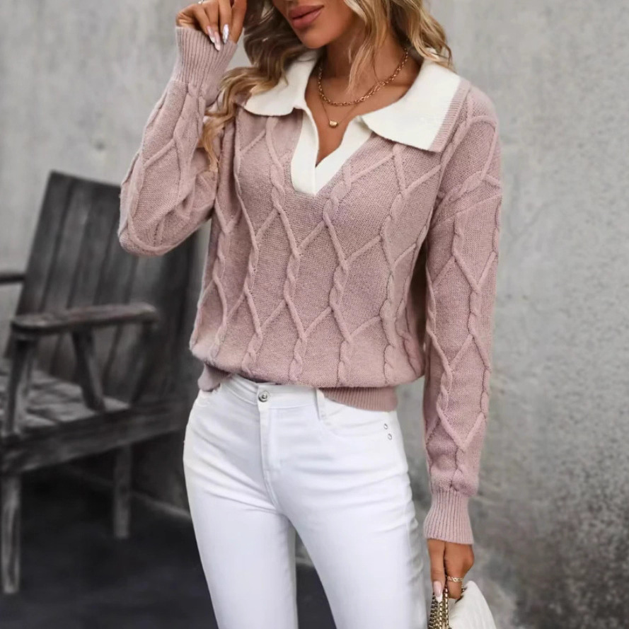 Elegant Color-Block Lapel Collar Long-Sleeve Knit Sweater
