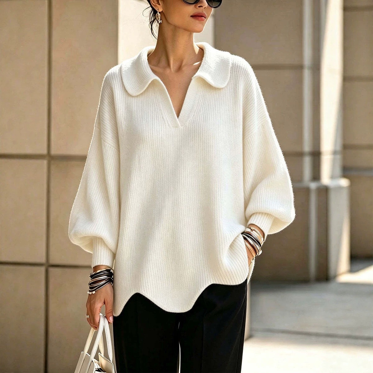 Women's V-Neck Lantern Sleeve Solid Knit Sweater Loose Relaxed Fit