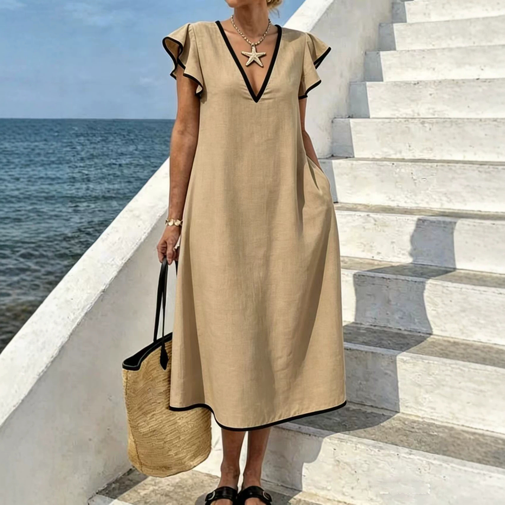 V-Neck Bohemian Loose Plus-Size Long Dress with Pockets