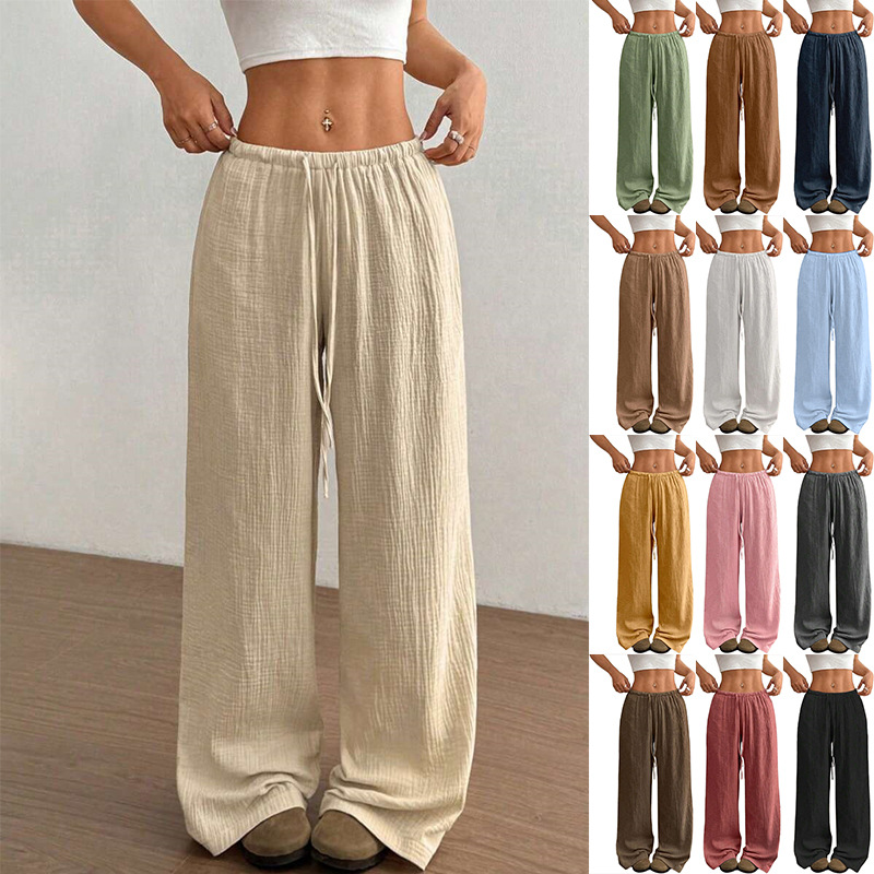 Women's Drawstring Wide-Leg Straight Lounge Pants Cotton Relaxed Fit