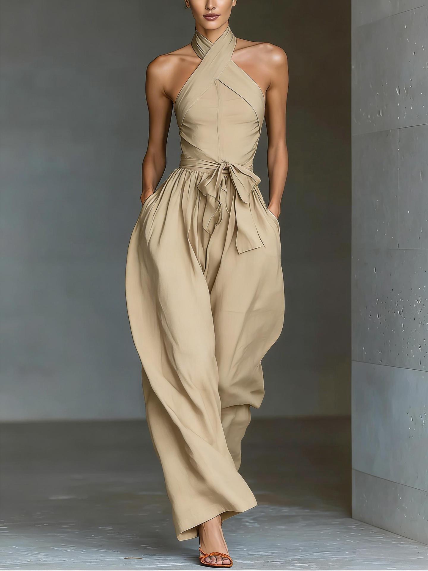 Women's Elegant One-Shoulder Wide-Leg Jumpsuit with Waist Bow