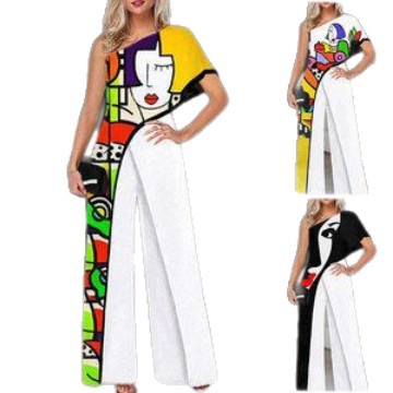 Graffiti Print One-Shoulder High-Waist Wide-Leg Jumpsuit