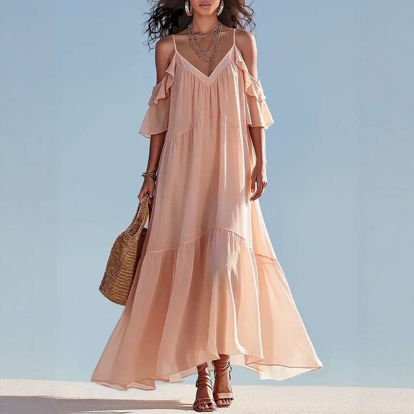 Nude Pink V-Neck Cami Off-Shoulder Ruffle Sleeve Tiered Maxi Dress Flowy Chiffon