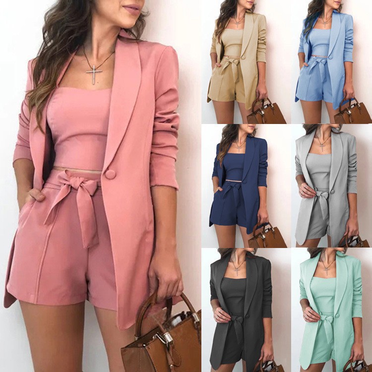Women's 3-Piece Solid Color Vest Blazer & High-Waist Shorts Set