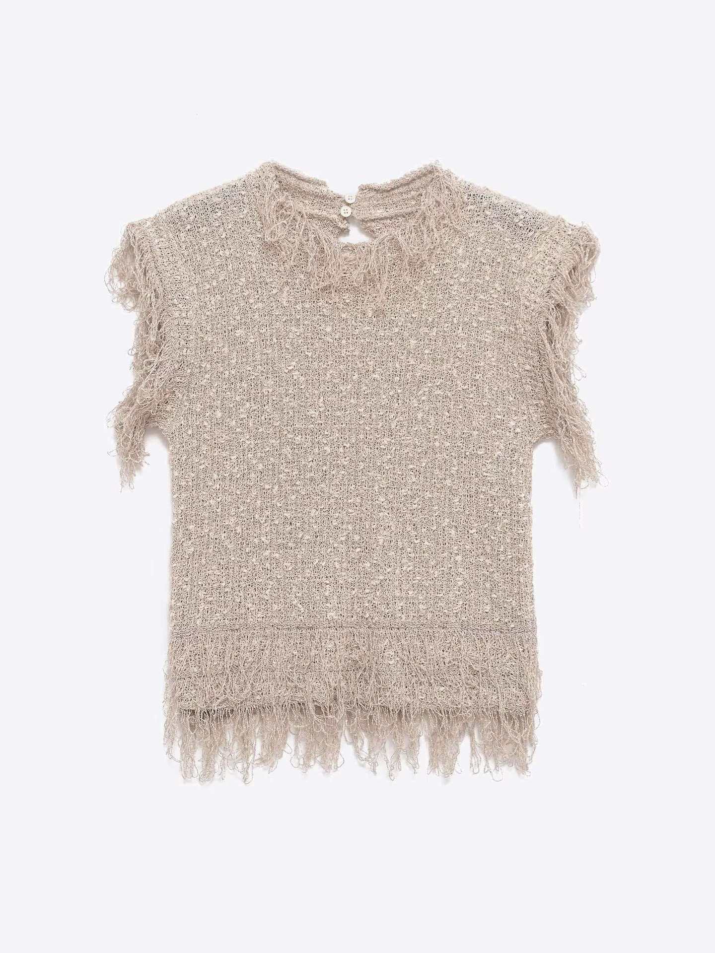 Light Khaki Fringe Knit Top Sleeveless Crew Neck Women's