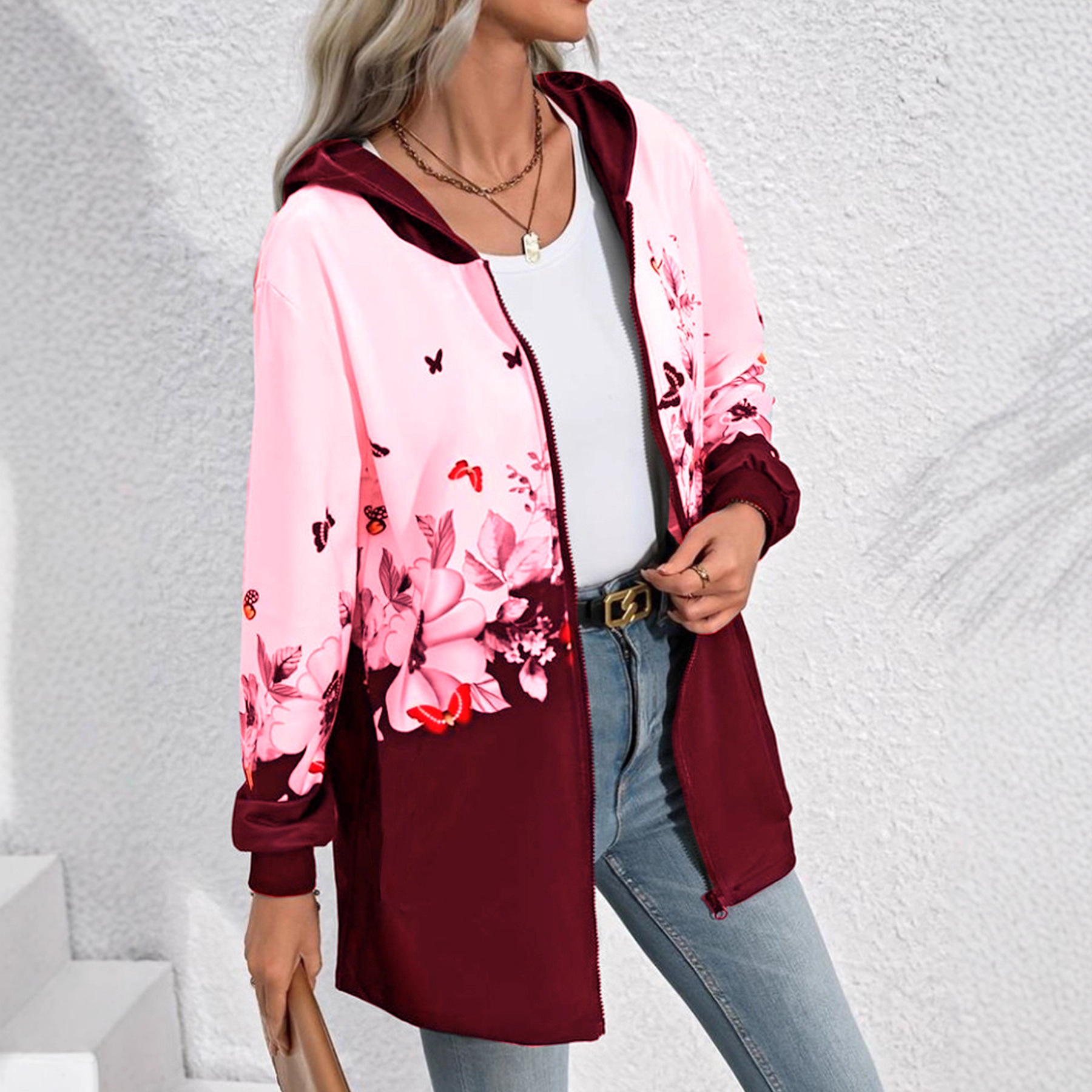 Women's Casual Printed Zip-Up Hooded Mid-Length Jacket