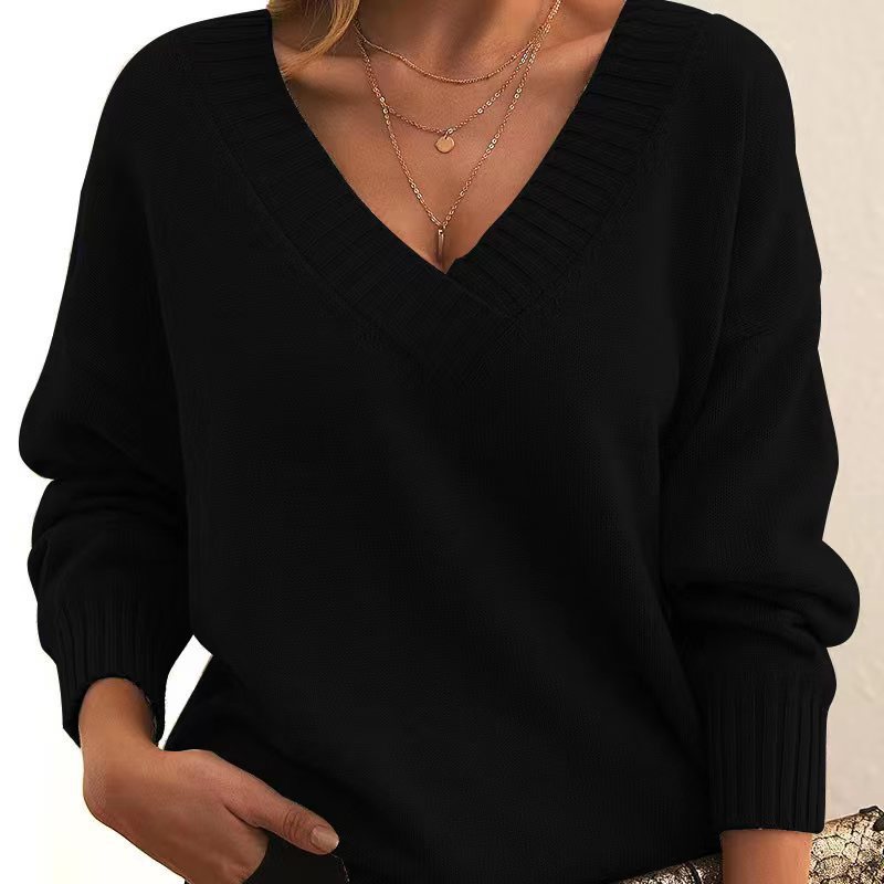 Women's Loose V-Neck Pullover Sweater Casual Knit Top