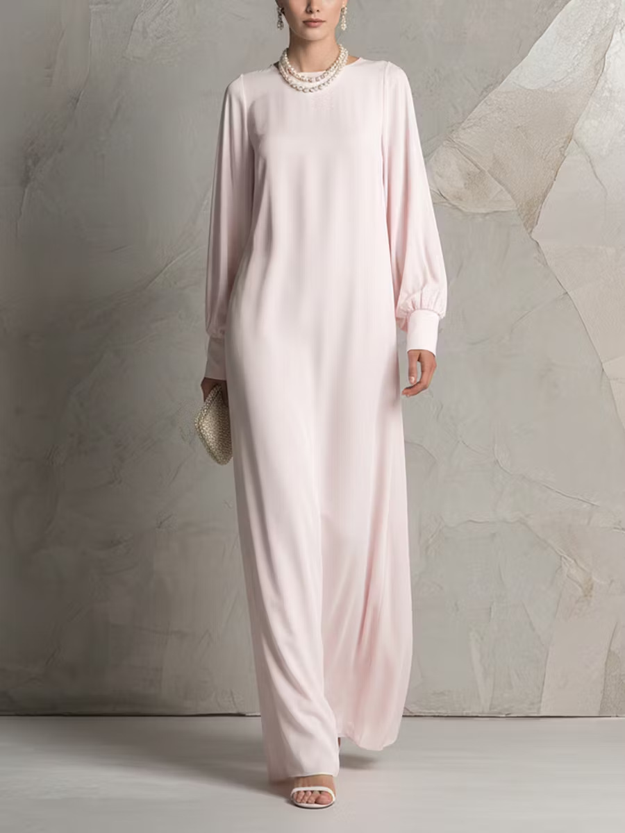 Solid Silk-Feel Lantern Sleeve Maxi Dress with Round Neck and Flowing Oversized Skirt