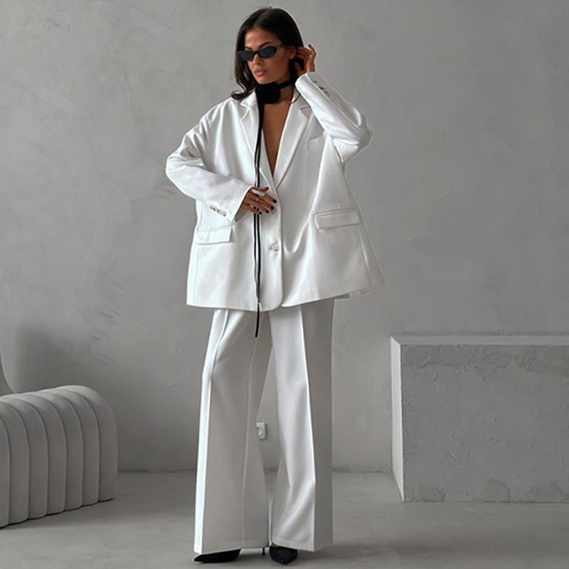 Women's Casual Two-Piece Suit Set Solid Color Loose Cardigan Blazer and Button Pants