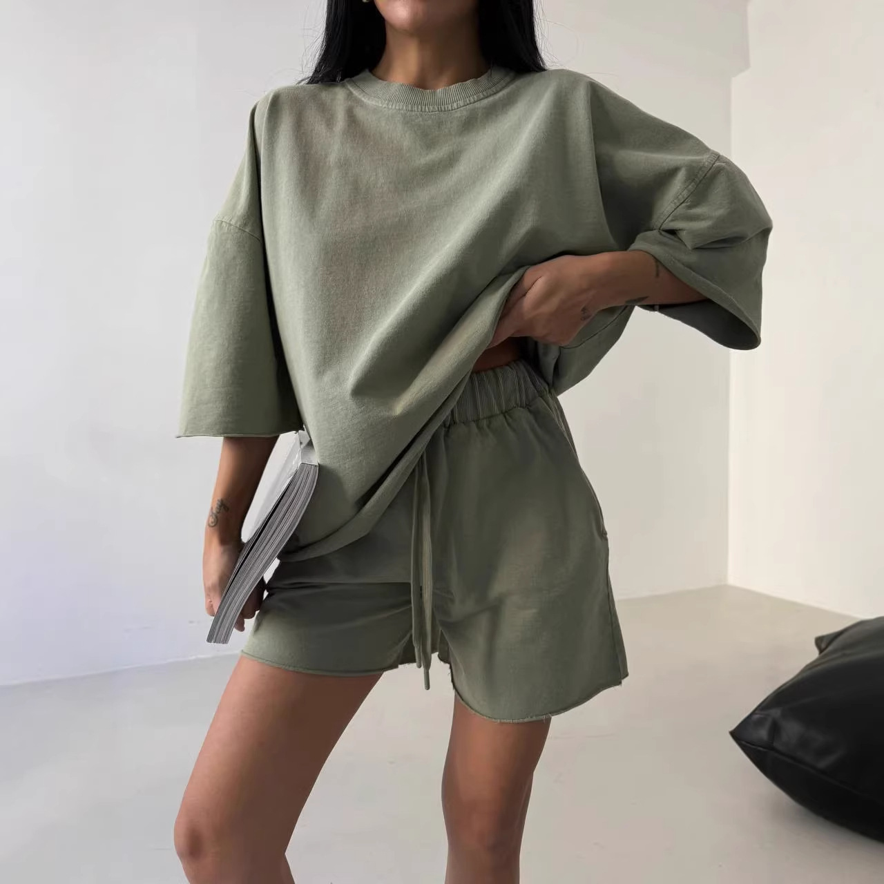 Women's Solid Color Loose Casual Sweatshirt Two-Piece Set
