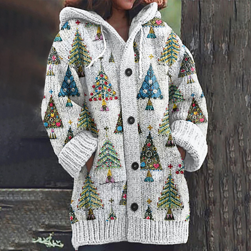 Women's Floral Puppy Rose Print Hooded Button Cardigan Sweater