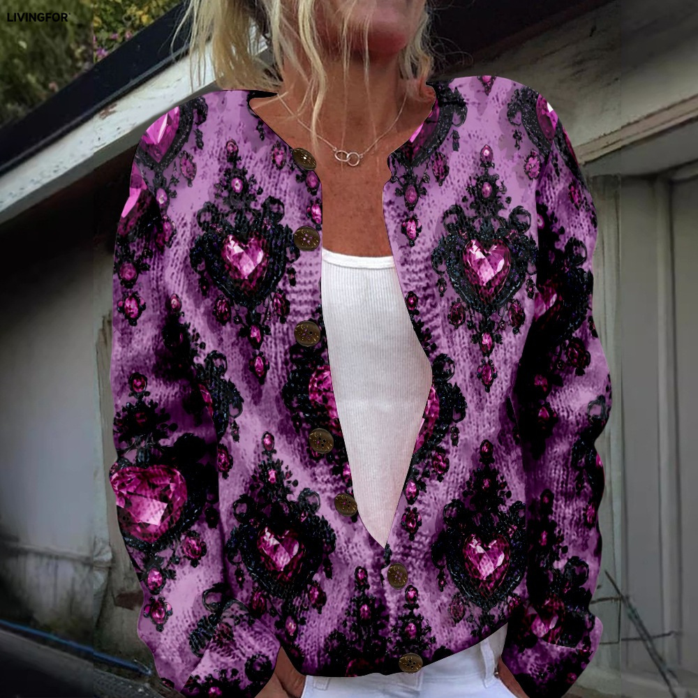 Women's Heart & Flower Print Button Cardigan Sweater