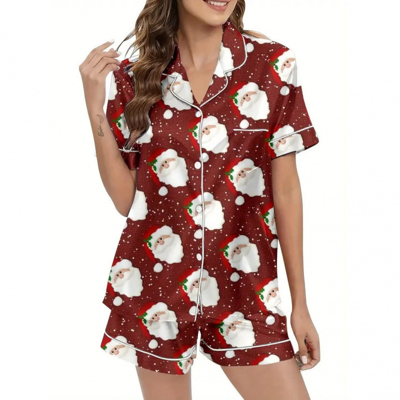 Women's Cuban Collar Short Sleeve Shirt Set with Animal Print
