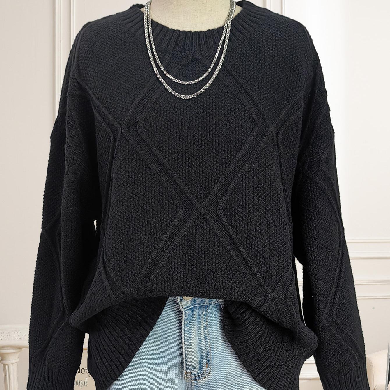 Women's Argyle Jacquard Pullover Sweater Loose Casual Crew Neck Long Sleeve
