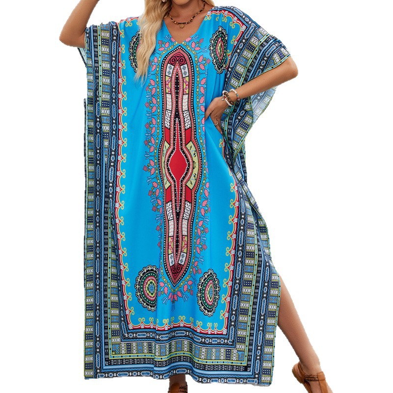 Printed Long Sleeve V-Neck Beach Cover-Up Dress