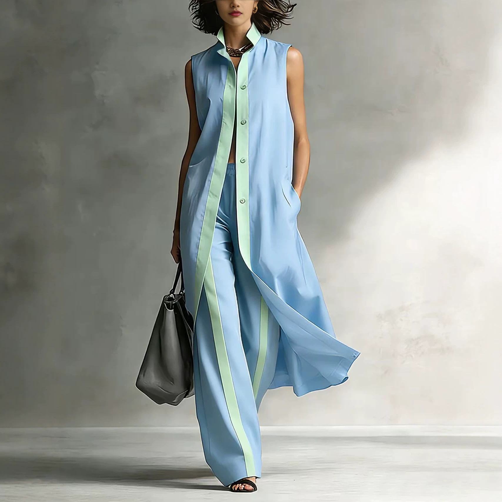 Colorblock Sleeveless Vest Cardigan & Pants Set