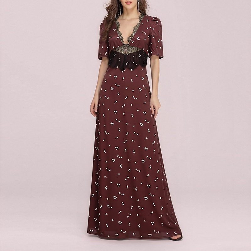 Women's Slim Fit Lace Trim Printed Dress