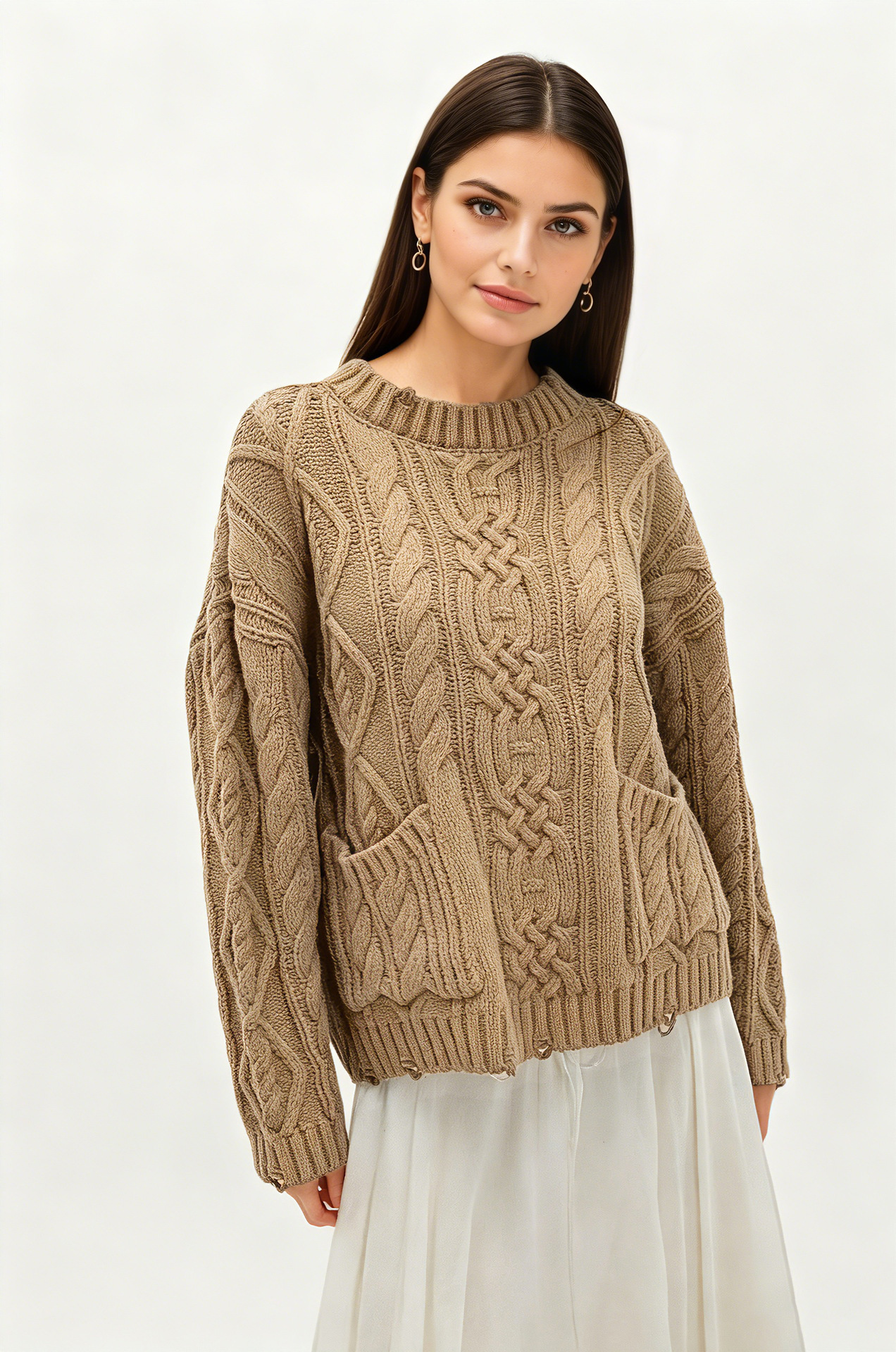 Cable-Knit Crewneck Pullover Sweater with Pockets