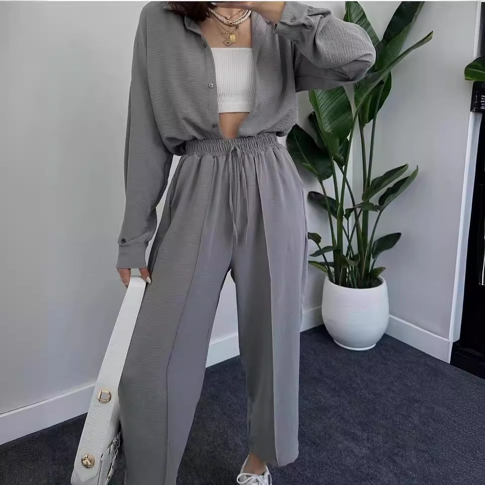 Women's Casual Two-Piece Set with Loose Collared Shirt and Tie-Waist Pants