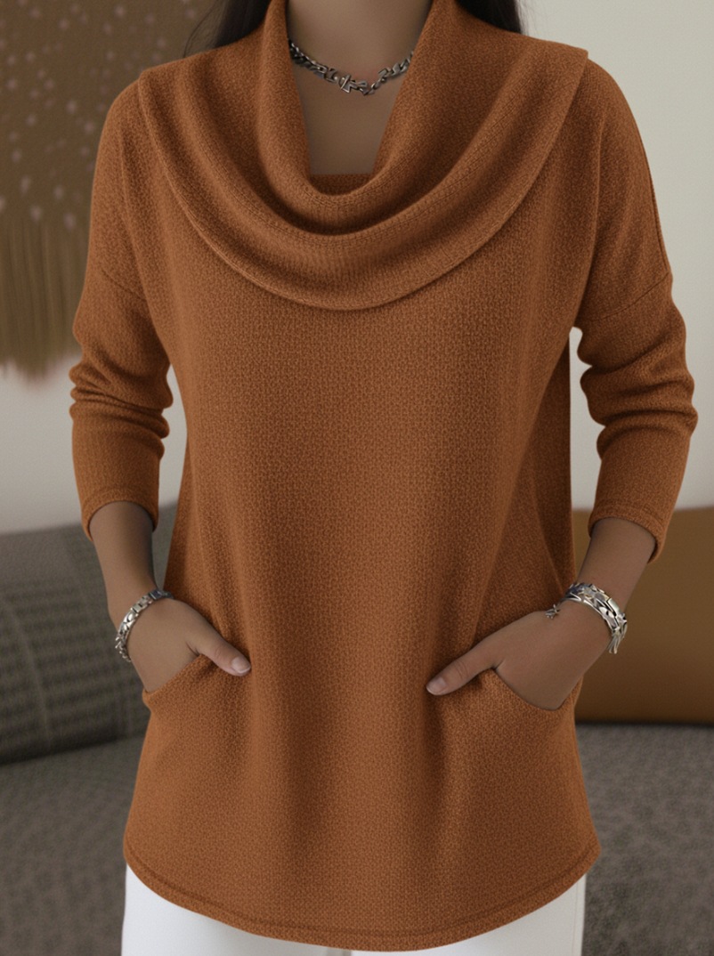 Solid Color Cowl Neck Long Sleeve Pullover with Pockets