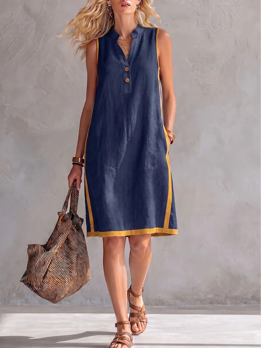 Women's V-Neck Sleeveless Loose Cotton Linen Midi Dress