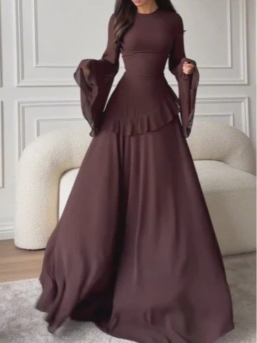 Women's Round Neck Long Sleeve Flare Sleeve Waist-Cinching Solid Color Long Dress