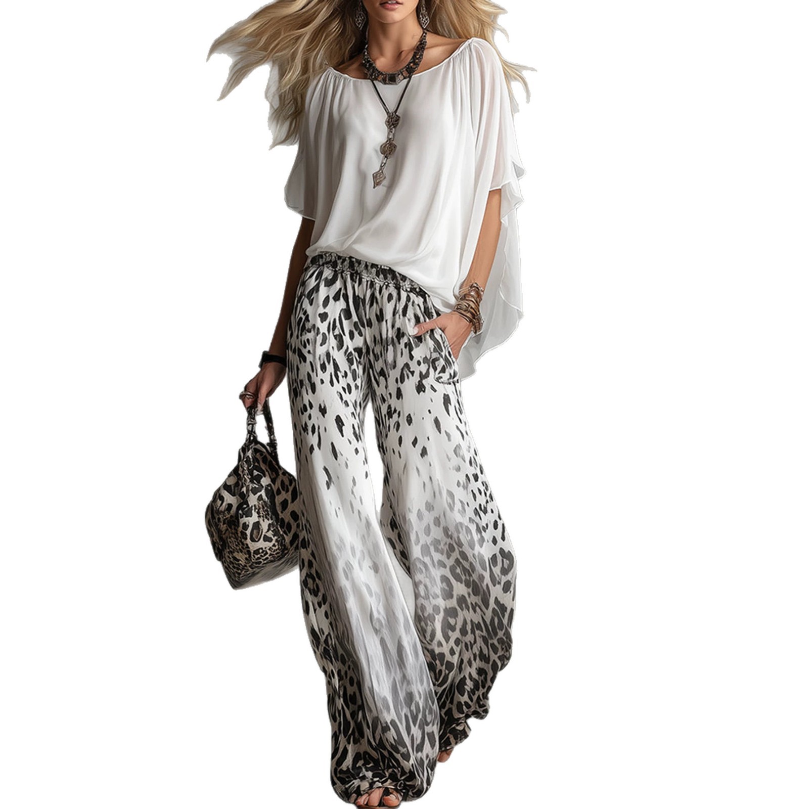 Women's Lightweight Short Sleeve Leopard Print Wide Leg Pants Set Casual
