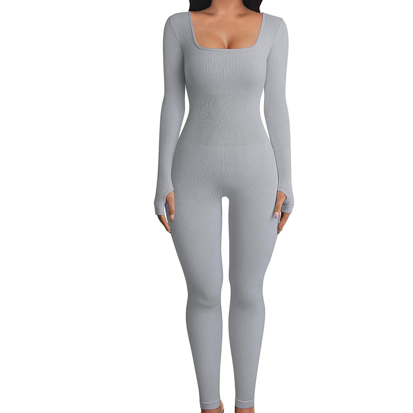 Women's Ribbed Square Neck Bodysuit Slimming Long Sleeve