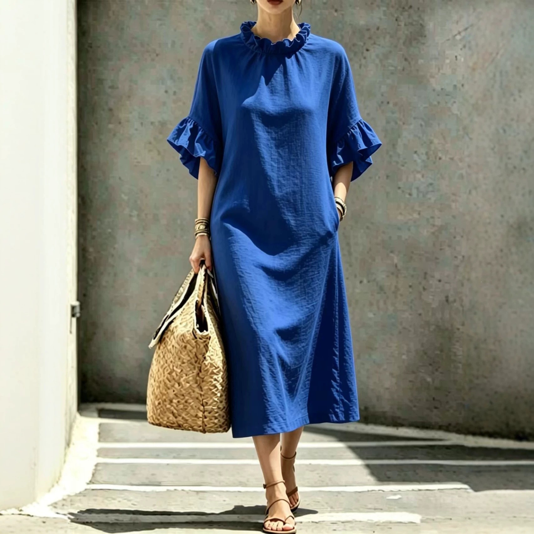Women's Casual Midi Dress with Ruffle Trim and Geometric Print