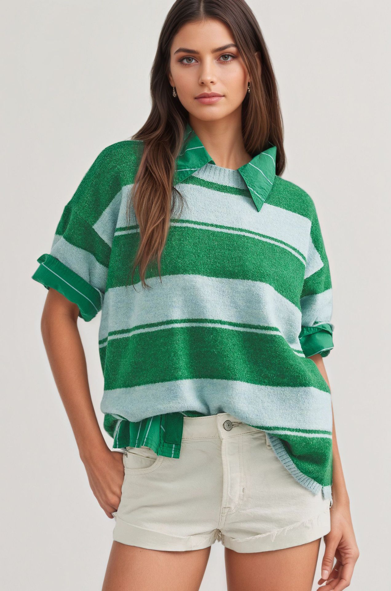 Striped Crewneck Knit Sweater Loose Fit Colorblock Pullover
