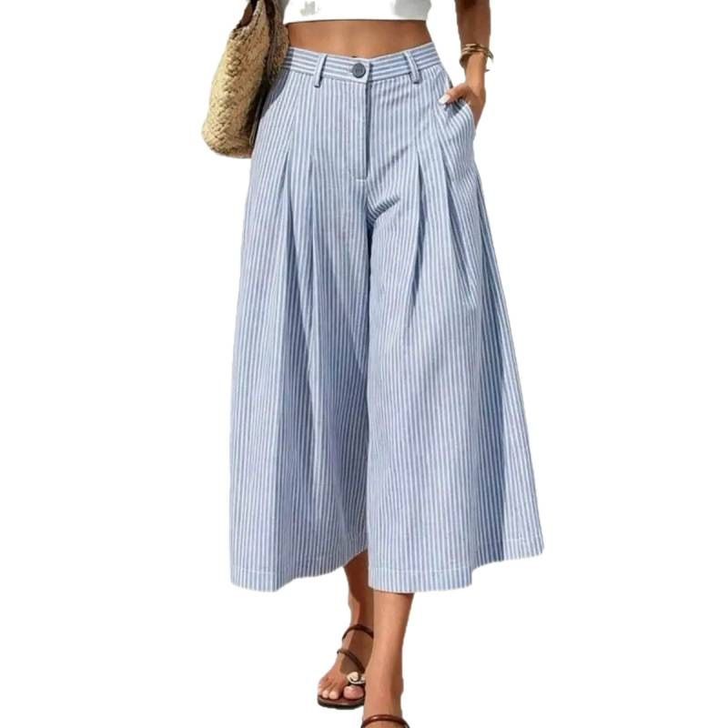 Striped Relaxed-Fit Cropped Casual Pants with Pockets