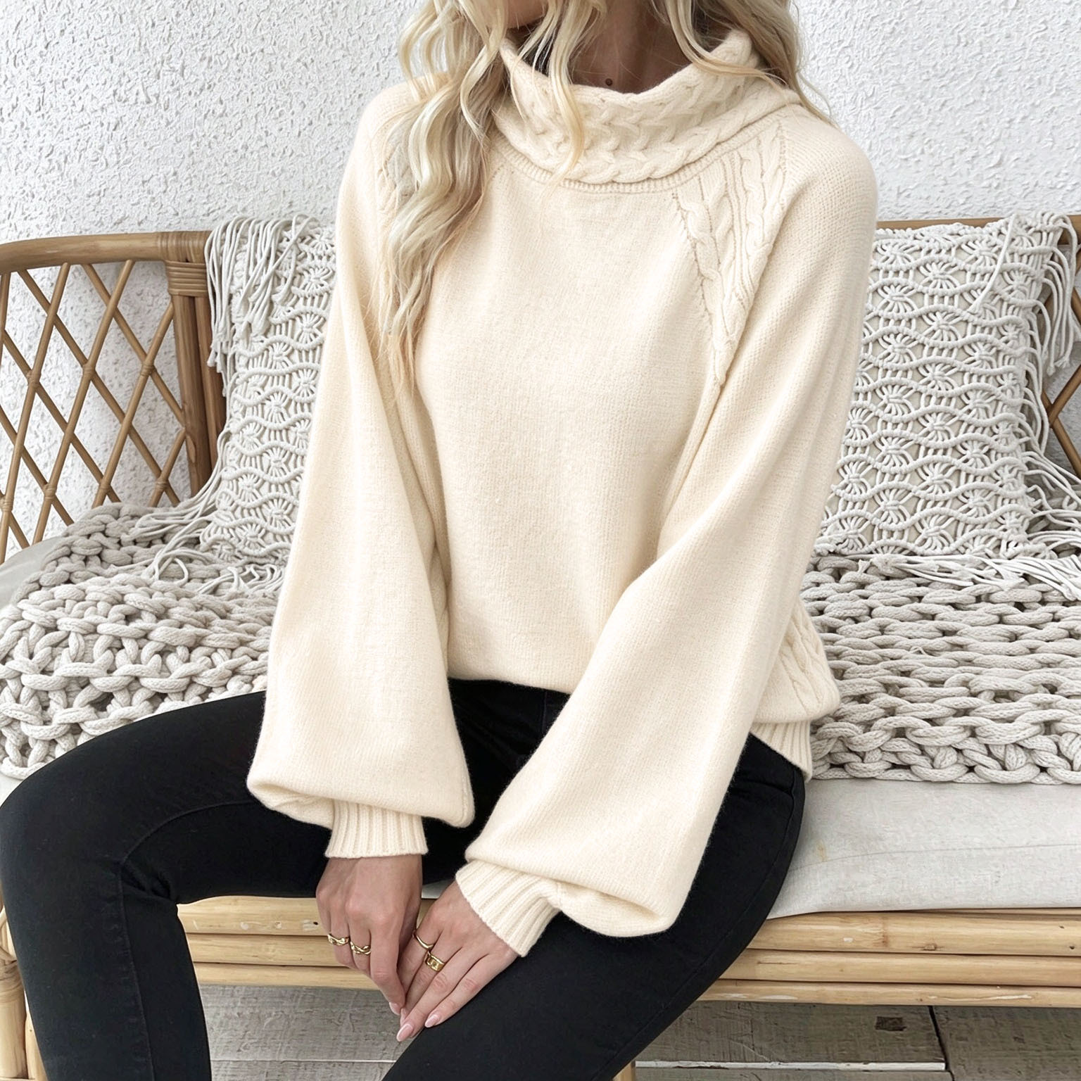 Wheat Stitch Knit Half Turtleneck Sweater with Puff Sleeves