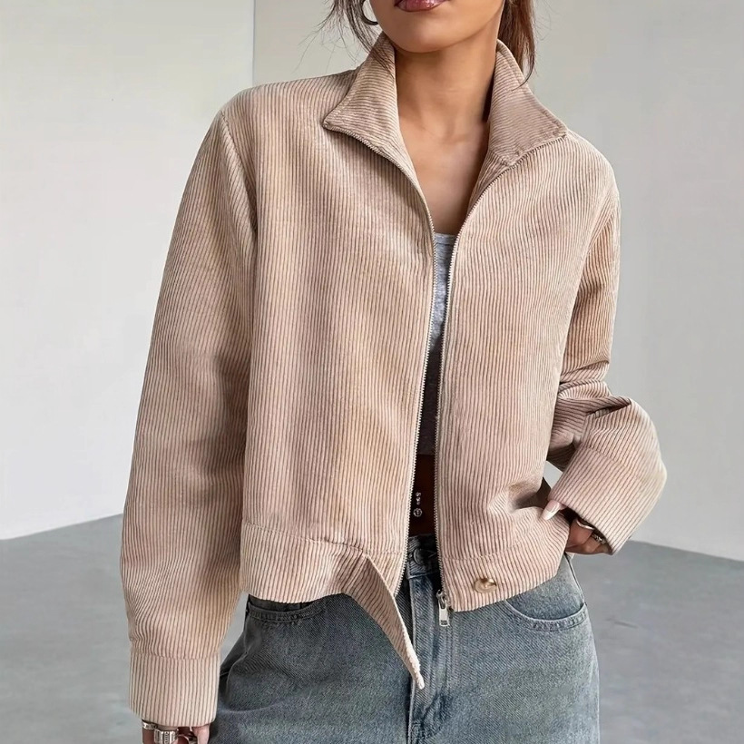 Corduroy Women's Jacket with Drop Shoulder and Lapel Collar