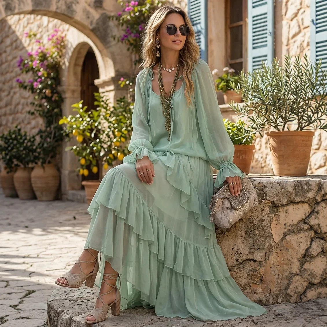 Bohemian Mint Green Chiffon Sun Protection Cardigan Cami Layered Ruffle Maxi Dress Set
