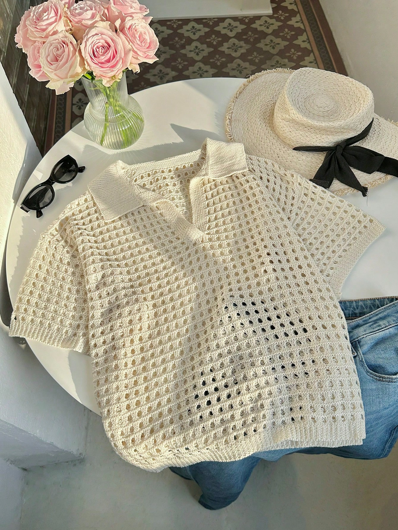 Open-Knit Collared Midi Cardigan
