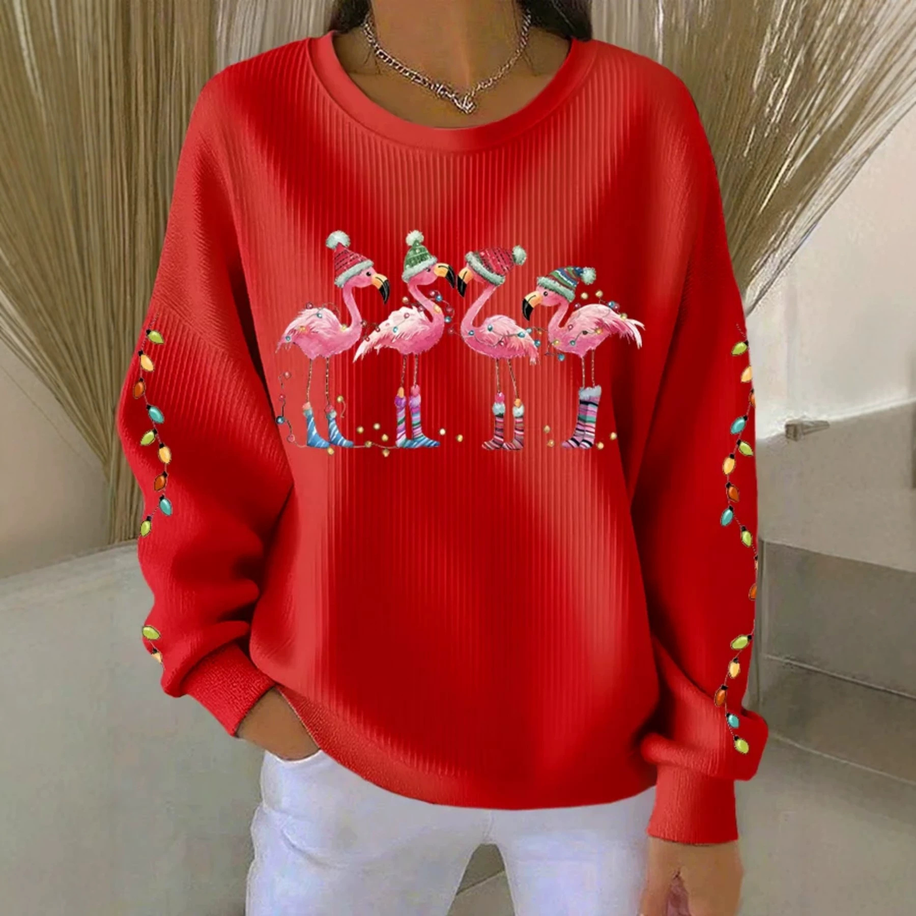 Flamingo Print Crewneck Long Sleeve Pullover Sweatshirt