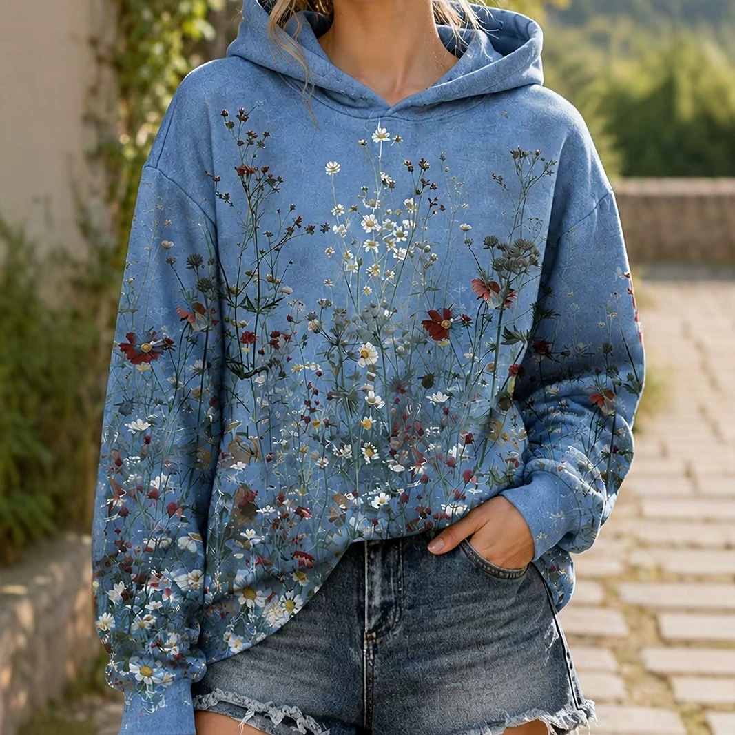Women's Floral Print Casual Hoodie Long Sleeve Crewneck